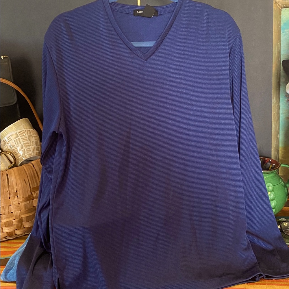 Kenneth Cole New York V-neck longsleeve shirt Black and Blue Tiny Pinstripe SZ M